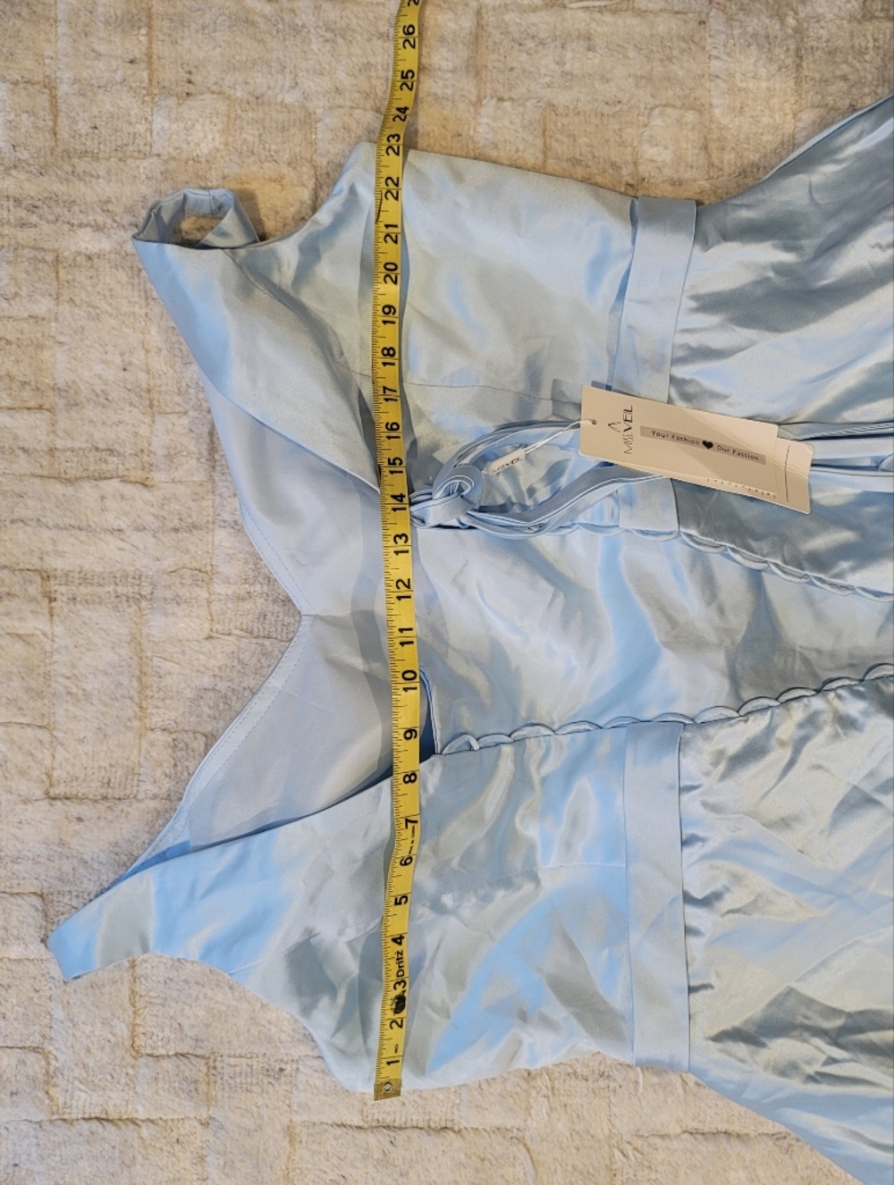 NWT MISS VEIL V Neck Satin Light Blue Gown Corseted Waist Tie Size 16 - Picture 8 of 12
